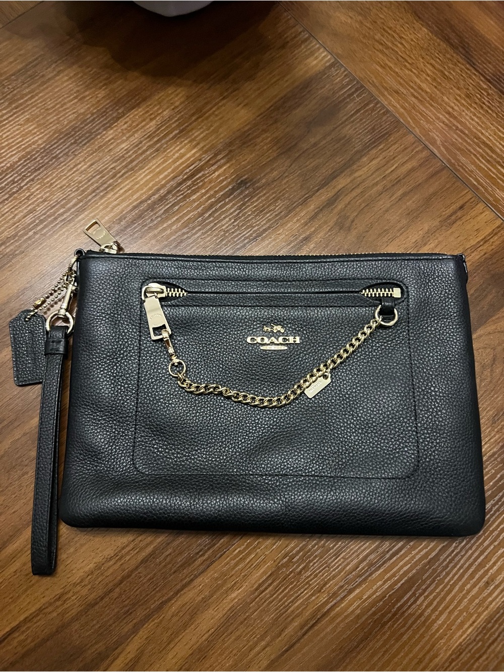 Coach Black Pebbled Leather Wristlet with Gold Chain Detail